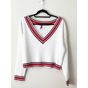 HM Divided Womens Medium White Varsity Cropped tennis sweater